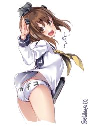 Rule 34 | 1girl, arched back, ass, binoculars, breasts, brown eyes, brown hair, butt crack, clothes writing, cowboy shot, cropped legs, dress, ebifurya, from behind, head tilt, headgear, highres, kantai collection, leaning forward, looking at viewer, looking back, open mouth, panties, sailor collar, sailor dress, salute, school uniform, short hair, sidelocks, simple background, small breasts, solo, teeth, text on panties, thighs, tongue, translation request, underwear, underwear writing, white background, white panties, yellow neckwear, yukikaze (kancolle)