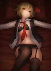 Rule 34 | 1girl, black bra, black panties, black thighhighs, black vest, blonde hair, bra, buttons, collared shirt, cowboy shot, garter straps, hair between eyes, hair ribbon, highres, knee up, kurione (zassou), lingerie, long sleeves, looking at viewer, lying, navel, necktie, on back, on bed, open clothes, open mouth, open shirt, outstretched arms, panties, pillow, red eyes, red necktie, red ribbon, ribbon, rumia, shirt, short hair, solo, spread arms, thighhighs, touhou, unbuttoned, unbuttoned shirt, underwear, vest, white shirt