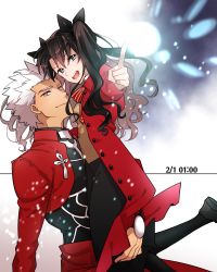 Rule 34 | 1boy, 1girl, aqua eyes, archer (fate), black hair, black legwear, blue eyes, bow, brown eyes, carrying, coat, dated, fate (series), hair bow, index finger raised, leg up, light particles, long coat, long hair, looking at viewer, open mouth, ran (ran 0605), red coat, smile, tohsaka rin, two side up, white hair