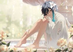 1boy absurdres alternate_costume aqua_eyes arm_ribbon artist_name barefoot black_hair bloom blue_hair blurry blurry_background blurry_foreground blush braid closed_mouth day fingernails flower fountain genshin_impact gradient_hair hair_between_eyes hair_flower hair_ornament hanapen hand_on_own_knee hand_up highres leaf long_sleeves looking_at_viewer male_focus multicolored_hair no_headwear orange_flower orange_rose outdoors puffy_long_sleeves puffy_sleeves ribbon rose shirt short_hair shorts sitting smile solo sparkle twin_braids venti_(genshin_impact) water white_flower white_shirt white_shorts