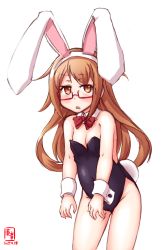 Rule 34 | 1girl, alternate costume, animal ears, artist logo, black leotard, bow, bowtie, brown eyes, brown hair, commentary request, dated, detached collar, fake animal ears, glasses, highres, kanon (kurogane knights), kantai collection, leaning forward, leotard, long hair, looking at viewer, mochizuki (kancolle), playboy bunny, rabbit ears, rabbit tail, red-framed eyewear, red bow, red bowtie, simple background, solo, strapless, strapless leotard, tail, white background, wrist cuffs