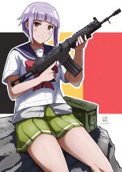 Rule 34 | 1girl, ammunition box, artist logo, assault rifle, belgian flag, black background, blue sailor collar, blunt bangs, bow, closed mouth, commentary, feet out of frame, flag background, fn fnc, fnc (upotte!!), folding stock, gabuillust, green skirt, grey shirt, gun, handle, highres, holding, holding gun, holding weapon, layered clothes, light blush, light purple hair, looking at viewer, multicolored background, on rock, pleated skirt, red background, red bow, red eyes, rifle, rock, sailor collar, school uniform, serafuku, shirt, short hair, short sleeves, sidelocks, sideways glance, single stripe, sitting, sitting on rock, skirt, smile, solo, striped, thighs, trigger discipline, untucked shirt, upotte!!, weapon, white background, white serafuku, white stripes, yellow background