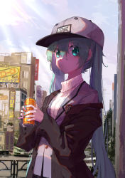 Rule 34 | 1girl, alternate costume, aqua eyes, aqua hair, aqua nails, baseball cap, black jacket, blazer, blue dress, blush, building, can, city, clothes writing, commentary request, day, dress, drink can, emblem, grey hat, grey jacket, hair between eyes, hat, hatsune miku, highres, holding, jacket, light rays, long hair, long sleeves, looking at viewer, nail polish, nejikyuu, outdoors, parted lips, scarf, shade, soda can, solo, sunbeam, sunlight, sweater, turtleneck, twintails, two-handed, unbuttoned, upper body, very long hair, vocaloid, white sweater