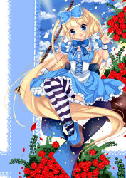 Rule 34 | 1girl, alice (alice in wonderland), alice in wonderland, bad id, bad pixiv id, blonde hair, blue bow, blue dress, blue eyes, blue footwear, bow, dress, duji amo, flower, hair bow, highres, long hair, open mouth, petals, platform footwear, shoes, solo, striped clothes, striped thighhighs, thighhighs, usagihime, wrist cuffs
