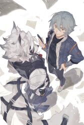 Rule 34 | 2boys, animal ears, arm up, ascot, belt, black belt, black shirt, black vest, blue pants, cellphone, closed mouth, collared vest, commentary, covered eyes, flying paper, from above, furry, furry male, grey hair, hair between eyes, hair over eyes, hand on own hip, hashtag-only commentary, highres, holding, holding phone, jacket, long sleeves, looking up, male focus, multicolored clothes, multicolored jacket, multiple belts, multiple boys, pants, paper, phone, print shirt, red ascot, shirt, shoes, smile, standing, tail, tail belt, vest, von lycaon, white hair, white shirt, white sneakers, wise (zenless zone zero), yuqi555, zenless zone zero