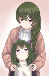 Rule 34 | 2girls, aged down, blush stickers, braid, brown jacket, commentary request, green hair, hands on another&#039;s shoulders, highres, jacket, long hair, long sleeves, looking at another, looking up, medium hair, multiple girls, open clothes, open jacket, purple eyes, shirt, siblings, sisters, smile, sousou no frieren, syagare, ubel&#039;s older sister, ubel (sousou no frieren), upper body, white shirt