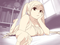 Rule 34 | 1girl, barefoot, bedroom, breasts, cleavage, feet, female focus, foreshortening, head rest, highres, indoors, ino (magloid), kousaka rino, large breasts, long hair, looking at viewer, lying, monochrome, on stomach, otome function, parted bangs, perspective, skirt, solo, toes, twintails