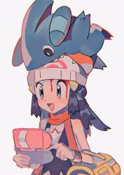 Rule 34 | 1girl, :d, bag, bare arms, beanie, biting, black shirt, blood, blood on face, blue eyes, blue hair, creatures (company), dawn (pokemon), game freak, gen 4 pokemon, gible, hair ornament, hairclip, hat, highres, hinann bot, holding pokedex, long hair, nintendo, open mouth, pokedex, pokemon, pokemon (creature), pokemon dppt, poketch, scarf, shirt, simple background, sleeveless, sleeveless shirt, smile, triangle mouth, upper body, watch, white background, wristwatch