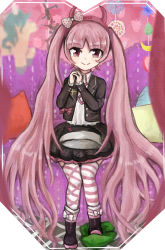 Rule 34 | 1girl, absurdres, apple, arms up, asymmetrical legwear, avocado, banana, black coat, black footwear, black jacket, black skirt, blush, bow, bowtie, child, coat, collared shirt, corpse, danganronpa (series), danganronpa another episode: ultra despair girls, fake horns, food, frill trim, frilled skirt, frilled sleeves, frills, fruit, hairband, hands up, headband, headwear request, highres, horned headwear, horns, jacket, long eyelashes, long hair, long sleeves, looking at viewer, mismatched legwear, multicolored background, own hands clasped, own hands together, parted bangs, pillow, pink background, pink bow, pink eyes, pink footwear, pink hair, pink hairband, pink headband, pink headwear, pink horns, pink legwear, pink stripes, pink trim, polka dot, polka dot bow, purple background, shirt, sillouette, skirt, smile, snowflake ornament, standing, standing on object, star (symbol), striped legwear, twintails, utsugi kotoko, white bow, white shirt, white stripes
