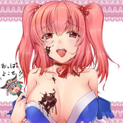 Rule 34 | 2girls, anger vein, angry, bare shoulders, breasts, chocolate, chocolate on body, chocolate on breasts, choker, cleavage, ein-l-f, female focus, hair bobbles, hair ornament, large breasts, messy, multiple girls, off shoulder, onozuka komachi, open mouth, red eyes, red hair, ribbon choker, shiki eiki, touhou, tsugaru (co-walker), twintails, two side up, undressing, valentine