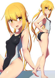 Rule 34 | 1girl, :d, alternate costume, ass, blonde hair, blush, collarbone, comala (komma la), competition swimsuit, groin, hair between eyes, highres, kantai collection, long hair, low twintails, multiple views, one-piece swimsuit, open mouth, satsuki (kancolle), simple background, smile, swimsuit, twintails, white background, yellow eyes