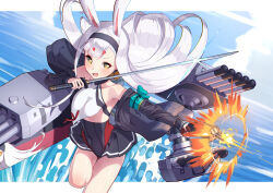 Rule 34 | 1girl, absurdres, animal ears, azur lane, bare shoulders, bikini over clothes, black hairband, breasts, cannon, center-flap bangs, firing, gun, hairband, highres, hikimayu, holding, holding gun, holding sword, holding weapon, jacket, long hair, looking to the side, marimo daifuku, open clothes, open jacket, open mouth, panties, rabbit ears, rabbit girl, red panties, rigging, shimakaze (azur lane), small breasts, smile, standing, standing on one leg, swimsuit over clothes, sword, torpedo launcher, torpedo tubes, turret, underwear, very long hair, weapon, white hair, yellow eyes