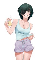 Rule 34 | 1girl, absurdres, blue tank top, breasts, can, chainsaw man, cigarette, cleavage, covered erect nipples, eyepatch, green eyes, green hair, highres, himeno (chainsaw man), holding, holding can, holding cigarette, looking at viewer, medium breasts, purple shorts, raneblu, short hair, shorts, smile, solo, sweat, tank top