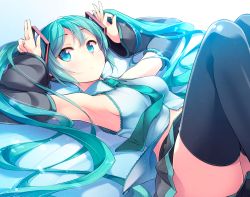 Rule 34 | 1girl, aqua eyes, aqua hair, armpits, arms up, black thighhighs, detached sleeves, hatsune miku, highres, long hair, looking at viewer, lying, matsuuni, necktie, on back, pleated skirt, sidelocks, skirt, solo, thighhighs, twintails, very long hair, vocaloid