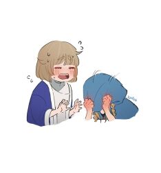 Rule 34 | 2girls, artist name, blonde hair, blue robe, blush, braid, brown eyes, closed eyes, commentary, dungeon meshi, english commentary, falin touden, falin touden (tallman), flying sweatdrops, hand blush, hands up, hood, hood up, koifee, light brown hair, long hair, marcille donato, multiple girls, open mouth, robe, short hair, simple background, sweat, twin braids, upper body, white background