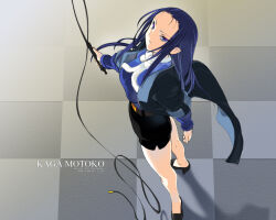 Rule 34 | 1girl, blue hair, checkered floor, commentary request, daiakuji, from above, high heels, jacket, kaga motoko, long hair, looking up, miniskirt, mole, mole under eye, official art, official wallpaper, orion (orionproject), pencil skirt, purple eyes, shoes, skirt, solo, whip