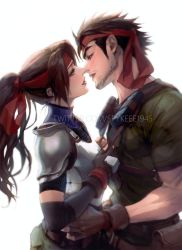 Rule 34 | 1boy, 1girl, armor, biggs (ff7), brown hair, couple, facial hair, final fantasy, final fantasy vii, final fantasy vii remake, fingerless gloves, gloves, headband, highres, imminent kiss, jessie rasberry, medium hair, parted bangs, ponytail, red headband, shirt, short hair, shoulder armor, sideburns, simple background, spykeee, square enix, suspenders, suspenders pull, t-shirt, turtleneck, upper body, white background