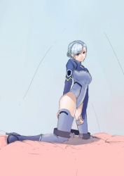 Rule 34 | 10s, 1girl, arm behind back, artist request, ass, belt, blue hair, bodysuit, boots, braid, cropped jacket, expressionless, fin e ld si laffinty, french braid, from side, full body, gradient background, grey legwear, hand on own thigh, head tilt, high heel boots, high heels, highres, jacket, kneeling, legs apart, leotard, long sleeves, looking at viewer, open belt, pilot suit, purple eyes, rinne no lagrange, shadow, short hair, sketch, sleeves past wrists, solo, turtleneck, unfastened, unworn belt, white hair, white legwear