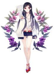 Rule 34 | 1girl, arm behind head, belt, black hair, black shorts, blouse, collarbone, flower, full body, highres, lace, lace-trimmed shirt, lace trim, long hair, looking at viewer, midriff, mig (36th underground), nail polish, navel, original, parted lips, purple flower, purple nails, red eyes, shirt, short shorts, shorts, simple background, solo, standing, stomach, sweater, toenail polish, toenails, very long hair, white background, white shirt, white sweater