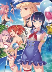 Rule 34 | 6+girls, ahoge, armlet, ball, balloon, bare shoulders, beach, bikini, black hair, black one-piece swimsuit, blonde hair, blue eyes, blue sailor collar, blue skirt, blue sky, blush, blush stickers, braid, breasts, buttons, choker, cleavage, collarbone, double-breasted, fate/grand order, fate (series), food print, fujimaru ritsuka (female), fujimaru ritsuka (female) (brilliant summer), gareth (fate), gareth (swimsuit saber) (fate), green eyes, grin, hair flaps, hair ornament, hair over one eye, hair scrunchie, head wings, highleg, highleg swimsuit, highres, hildr (fate), hildr (swimsuit assassin) (fate), large breasts, long hair, looking at viewer, low twin braids, mash kyrielight, mash kyrielight (swimsuit of perpetual summer), medium breasts, medium hair, mitsurugi sugar, multicolored hair, multiple girls, navel, one-piece swimsuit, one side up, open mouth, orange bikini, orange eyes, orange hair, orange scrunchie, ortlinde (fate), ortlinde (swimsuit assassin) (fate), pink bikini, pink hair, purple eyes, red eyes, sailor collar, scrunchie, short hair, sidelocks, skirt, sky, smile, strawberry print, streaked hair, striped bikini, striped clothes, swimsuit, thighs, thrud (fate), thrud (swimsuit assassin) (fate), twin braids, utsumi erice, utsumi erice (swimsuit avenger), utsumi erice (swimsuit avenger) (second ascension), valkyrie (fate), volleyball (object), volleyball net, white bikini, white one-piece swimsuit, wings