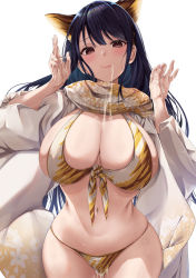 Rule 34 | 1girl, amasora taichi, animal ears, animal print, bikini, black hair, blue hair, breasts, brown eyes, chinese zodiac, closed mouth, commentary request, cum, cum in mouth, cum on clothes, cum on hands, cumdrip, floral print, front-tie top, gradient hair, hands up, highres, japanese clothes, kimono, large breasts, long hair, looking at viewer, multicolored hair, navel, original, print kimono, scarf, shiny skin, simple background, smile, solo, stomach, swimsuit, tiger ears, tiger print, very long hair, white background, white kimono, year of the tiger