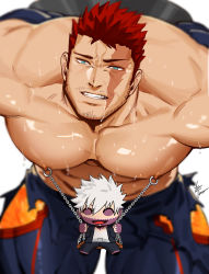Rule 34 | 2boys, arms behind back, bara, beard, blue bodysuit, blue eyes, bodysuit, boku no hero academia, censored, character censor, dabi (boku no hero academia), endeavor (boku no hero academia), facial hair, gomtang, large pectorals, looking at viewer, male focus, mature male, multiple boys, muscular, muscular male, nipple piercing, nipple rings, nipples, novelty censor, pectorals, piercing, red hair, saliva, scar, scar across eye, scar on face, topless male, short hair, sideburns, smile, solo focus, spiked hair, stubble, sweat, thick thighs, thighs, torn bodysuit, torn clothes, yaoi