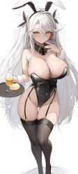 Rule 34 | 1girl, animal ears, antenna hair, azur lane, black thighhighs, breasts, cleavage, cocktail glass, cross, cup, detached collar, drinking glass, fake animal ears, garter straps, hand on own cheek, hand on own face, hand up, heart, highleg, highleg leotard, highres, holding, holding tray, iron cross, large breasts, leotard, long hair, luse maonang, manjuu (azur lane), mole, mole on breast, multicolored hair, playboy bunny, prinz eugen (azur lane), rabbit ears, standing, strapless, strapless leotard, streaked hair, thighhighs, tray, two side up, wrist cuffs