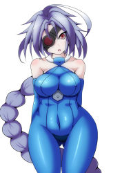 Rule 34 | 1girl, ahoge, alternate breast size, arms behind back, bare shoulders, blazblue, bodysuit, braid, brdm-2, breasts, covered navel, elbow gloves, covered erect nipples, eyepatch, gloves, halterneck, head tilt, highres, huge ahoge, impossible bodysuit, impossible clothes, large breasts, long hair, nu-13, red eyes, silver hair, single braid, solo, thigh gap, very long hair, white background, wide hips, unfinished
