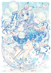 Rule 34 | 1girl, bag, balloon, blue eyes, blue ribbon, blue sailor collar, bubble, bug, butterfly, butterfly hair ornament, falling flower, falling petals, flower, frills, hair ornament, high heels, holding, holding balloon, holding umbrella, hyou (pixiv3677917), insect, original, petals, ribbon, ripples, sailor collar, school uniform, shoulder bag, umbrella, white background, white hair