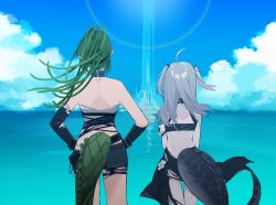 Rule 34 | 2girls, absurdres, ahoge, arknights, bare shoulders, black shorts, blue sky, cloud, crocodilian tail, cropped legs, day, from behind, gavial (arknights), gavial the invincible (arknights), green hair, grey hair, highres, long hair, multiple girls, outdoors, ponytail, short shorts, shorts, sky, standing, tail, teizen (niwamaee), tomimi (arknights), torn clothes