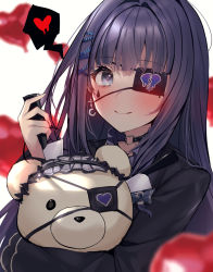 Rule 34 | 1girl, aiba uiha, black choker, black shirt, blurry, blurry background, blurry foreground, blush, broken heart, choker, closed mouth, commentary request, depth of field, earrings, eyepatch, facial mark, heart, heart-shaped pupils, heart o-ring, holding, holding knife, jewelry, knife, long sleeves, looking at viewer, nijisanji, hugging object, shirt, simple background, smile, solo, spoken heart, stuffed animal, stuffed toy, symbol-shaped pupils, teddy bear, virtual youtuber, white background, yandere, yuyu (yuyuworks)