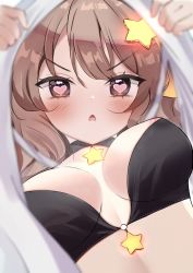 Rule 34 | 1girl, annytf, anyuu, black choker, blush, breasts, brown eyes, brown hair, choker, dress, extended upskirt, fang, from below, glowing, hair ornament, heart, heart-shaped pupils, highres, indie virtual youtuber, looking at viewer, looking down, medium breasts, parted lips, solo, star (symbol), star choker, star hair ornament, symbol-shaped pupils, upskirt, v-shaped eyebrows, virtual youtuber, white dress