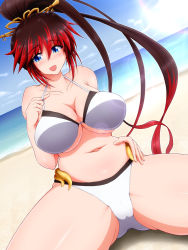 Rule 34 | 1girl, bare shoulders, beach, bikini, black hair, blue eyes, breasts, cameltoe, cleavage, curvy, day, high ponytail, large breasts, nanbu kaguya, navel, open mouth, ponponmaru, project x zone, sitting, smile, solo, spread legs, super robot wars, super robot wars og saga mugen no frontier, swimsuit, thighs, white bikini
