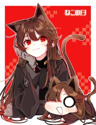 Rule 34 | animal ears, arm rest, black hair, black jacket, brown hair, cat day, cat ears, cat tail, fate/grand order, fate (series), gloves, grey gloves, head rest, highres, jacket, keikenchi (style), koha-ace, long hair, oda nobunaga (fate), oda nobunaga (koha-ace), red background, red eyes, smile, tail, yui (tamagohan)