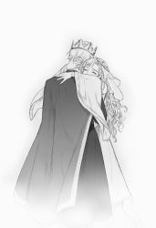 Rule 34 | 1boy, 1girl, ^ ^, braid, braided bangs, cape, closed eyes, couple, covered mouth, crown, dress, closed eyes, facing viewer, feet out of frame, greyscale, guinevere, hand on another&#039;s head, hand on another&#039;s shoulder, happy, hetero, highres, hug, jowell she, king arthur, long hair, long sleeves, monochrome, original, simple background, standing, veil, wavy hair, white background