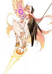 Rule 34 | 1girl, chiizu namasu, circe (fate), fate/grand order, fate (series), gladiator sandals, highres, looking at viewer, pink hair, pointy ears, sandals, simple background, solo, staff, white background, wings
