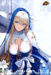 Rule 34 | 1girl, absurdres, bird, blonde hair, blue dress, blue eyes, breasts, chimachi, cleavage, commentary, dress, english commentary, habit, hair between eyes, highres, jewelry, kitahara lily, large breasts, logo, looking at viewer, mahjong soul, necklace, nun, official art, solo, white lily