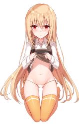 Rule 34 | 1girl, blonde hair, blush, brown dress, closed mouth, clothes lift, collared shirt, dress, dress lift, dress shirt, full body, gluteal fold, groin, hair between eyes, highres, kinona, kneeling, lifted by self, long hair, looking at viewer, navel, orange thighhighs, original, panties, red eyes, shirt, shirt lift, side-tie panties, simple background, solo, thighhighs, underwear, very long hair, white background, white panties, white shirt
