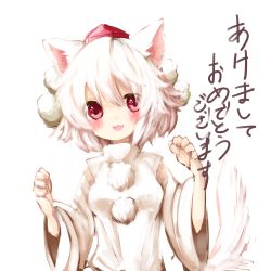 Rule 34 | 1girl, :3, akeome, animal ears, arms up, blush, detached sleeves, female focus, happy new year, hat, hat ribbon, inubashiri momiji, new year, open mouth, red eyes, ribbon, shirt, short hair, silver hair, smile, solo, tail, touhou, translation request, wolf ears, wolf tail, yuya (night lily)
