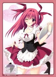 Rule 34 | 1girl, :d, ;d, absurdres, highres, one eye closed, open mouth, r g b, red eyes, red hair, shiki asahi, smile, solo, suzuhira hiro, thighhighs, tray, two side up, waitress, white thighhighs, wink, wrist cuffs