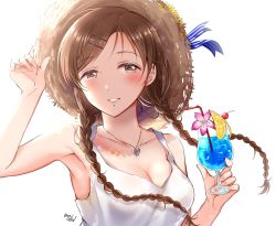 Rule 34 | 1girl, arm up, armpits, backlighting, bare arms, bare shoulders, blue ribbon, blush, braid, breasts, brown eyes, brown hair, cherry, cleavage, collarbone, commentary request, cup, dolphin pendant, drink, drinking glass, drinking straw, fingernails, flower, food, fruit, gen (enji), hair ornament, hairclip, hand on headwear, hand up, hat, hat flower, hat ribbon, heart, heart pendant, highres, holding, holding cup, idolmaster, idolmaster cinderella girls, jewelry, long hair, looking at viewer, medium breasts, necklace, nitta minami, orange (fruit), orange slice, parted bangs, parted lips, pendant, pink flower, ribbon, shirt, simple background, sleeveless, sleeveless shirt, smile, solo, straw hat, striped ribbon, sun hat, tropical drink, twin braids, twitter username, upper body, white background, white shirt, yellow flower