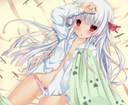 Rule 34 | 1girl, animal ears, bed, blanket, blush, colored eyelashes, creeper, eyelashes, fujieda uzuki, ghast, groin, highres, long hair, lying, minecraft, navel, no pants, on back, open clothes, open mouth, open shirt, panties, personification, red eyes, shirt, silver hair, solo, striped clothes, striped panties, tears, underwear