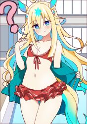 Rule 34 | 1girl, ?, ahoge, alternate costume, animal ears, bikini, blonde hair, blue eyes, blue hair, blush, breasts, cleavage, closed mouth, colored inner hair, commentary request, daiwa scarlet (trifle vacation) (umamusume), daiwa scarlet (umamusume), ear ornament, frilled bikini, frills, gluteal fold, hair between eyes, hair ornament, highres, horse ears, horse girl, horse tail, jacket, jacket partially removed, long hair, looking at viewer, multicolored hair, navel, neo universe (umamusume), pool, red bikini, small breasts, solo, streaked hair, swimsuit, tail, thigh gap, two-tone hair, umamusume, very long hair, wahiko (black bastard)