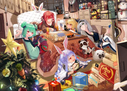 Rule 34 | 5girls, absurdres, alternate costume, alternate hairstyle, blonde hair, blue hair, blush, bottle, box, braid, breast press, breasts, can, card, carrot, carrot hair ornament, cat, christmas tree, couch, creatures (company), cup, drinking glass, eyepatch, facial hair, feet, figure, food, food-themed hair ornament, fruit, game freak, gen 1 pokemon, gift, gift box, glass, green eyes, green hair, hair bun, hair ornament, hat, highres, hololive, horns, houshou marine, japanese clothes, joy-con, kettle, kimono, kotatsu, large breasts, looking back, merah drow, microphone, minecraft, multiple girls, mustache, nails, necktie, neon genesis evangelion, nintendo, nintendo switch, on couch, on floor, open mouth, orange (fruit), orange peel, pajamas, panda, pikachu, pirate hat, pokemon, poker, red eyes, red hair, shiranui flare, shirogane noel, skeleton, smile, snow, snowman, stairs, stuffed toy, table, toy, treasure chest, uruha rushia, usada pekora, virtual youtuber, window, wine glass, wooden floor