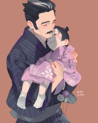 Rule 34 | 1boy, 1girl, ace attorney, aged down, artist name, bangs pinned back, black hair, blush, carrying, cherry blossom print, child, closed eyes, closed mouth, commentary, facial hair, floral print, grey hair, hair bobbles, hair ornament, hands on own stomach, highres, hime cut, japanese clothes, kendama, kimono, multicolored hair, mustache, parted lips, princess carry, purple kimono, short hair, sideburns, simple background, sleeping, sleeping on person, socks, streaked hair, susato mikotoba, teeth, the great ace attorney, upper body, white socks, worvies, yujin mikotoba