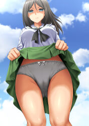 Rule 34 | 1girl, absurdres, black hair, black neckerchief, blouse, blue eyes, blue sky, bow, bow panties, closed mouth, cloud, cloudy sky, commentary request, commission, crotch seam, day, from below, frown, girls und panzer, glaring, green skirt, grey panties, half-closed eyes, highres, lifted by self, long hair, long sleeves, looking at viewer, miniskirt, neckerchief, nonna (girls und panzer), ooarai school uniform, outdoors, panties, partial commentary, pleated skirt, sailor collar, school uniform, serafuku, shirt, skeb commission, skirt, sky, solo, standing, swept bangs, underwear, white sailor collar, white shirt, zanntetu