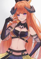 Rule 34 | 1girl, arknights, bagpipe (arknights), bagpipe (queen no. 1) (arknights), bare shoulders, black gloves, breasts, cleavage, cleavage cutout, clothing cutout, commentary request, crop top, elbow gloves, fingerless gloves, gloves, gradient background, grey background, grin, hand on own hip, hand up, hat, highres, horns, long hair, looking at viewer, medium breasts, midriff, navel, orange hair, purple eyes, sanukiske, smile, solo, stomach, upper body, very long hair