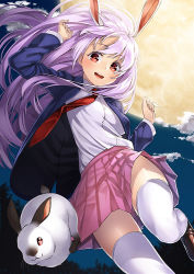 Rule 34 | 1girl, animal ears, blazer, blouse, blush, dress shirt, extra ears, full moon, gradient background, jacket, loafers, long hair, looking at viewer, moon, necktie, open mouth, purple hair, rabbit, rabbit ears, red eyes, red necktie, reisen udongein inaba, shirt, shoes, skirt, smile, solo, thighhighs, touhou, unowen, white shirt, white thighhighs, zettai ryouiki