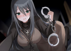 Rule 34 | 1girl, :d, all fours, black hair, black pantyhose, black shirt, blurry, blurry background, blush, breasts, brown dress, commentary request, cuffs, depth of field, dress, green eyes, hair between eyes, handcuffs, holding, kinona, long hair, long sleeves, looking at viewer, medium breasts, mole, mole under mouth, no shoes, open mouth, original, pantyhose, ribbed shirt, shirt, sleeveless, sleeveless dress, smile, solo, turtleneck, very long hair