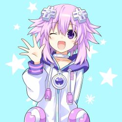 Rule 34 | 1girl, aqua background, d-pad, d-pad hair ornament, hair ornament, hand up, highres, jewelry, looking at viewer, neck ring, neptune (neptunia), neptune (series), official style, one eye closed, open mouth, purple eyes, purple hair, short hair, smile, zero (ray 0805)